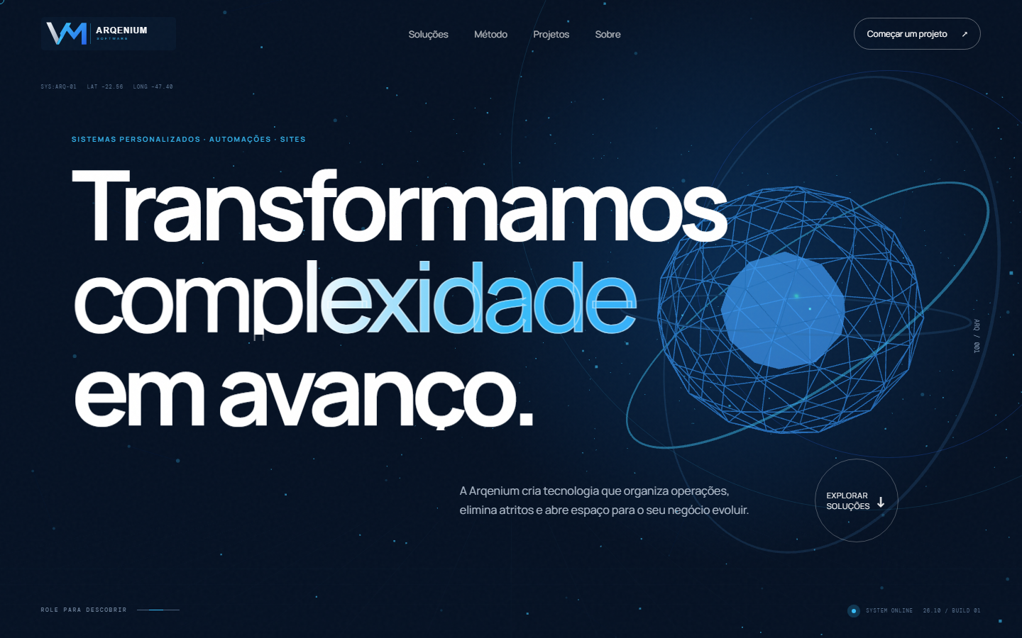 Vista da Home da Arqenium Software, com chamada principal e identidade visual tecnológica